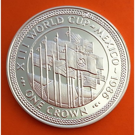 ISLA DE MAN 1 CORONA 1986 XIII MUNDIAL DE FUTBOL MEXICO 86 BANDERAS FLAGS KM.165B MONEDA DE PLATA PROOF Silver Crown Isle Of