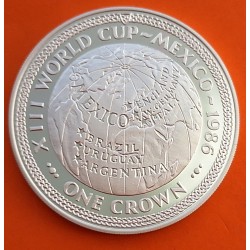 ISLA DE MAN 1 CORONA 1986 XIII MUNDIAL DE FUTBOL MEXICO 86 MAPAMUNDI KM.173B MONEDA DE PLATA PROOF Silver Crown Isle Of