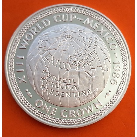 ISLA DE MAN 1 CORONA 1986 XIII MUNDIAL DE FUTBOL MEXICO 86 MAPAMUNDI KM.173B MONEDA DE PLATA PROOF Silver Crown Isle Of