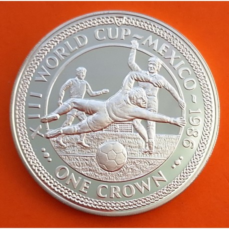 ISLA DE MAN 1 CORONA 1986 XIII MUNDIAL DE FUTBOL MEXICO 86 CHUT A GOL KM.161 MONEDA DE PLATA SC- Isle Of 1 Crown