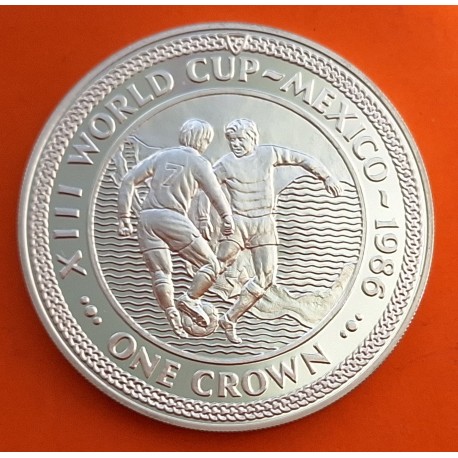 ISLA DE MAN 1 CORONA 1986 XIII MUNDIAL DE FUTBOL MEXICO 86 REGATE 2 JUGADORES KM.160B MONEDA DE PLATA PROOF Silver Crown Isle Of