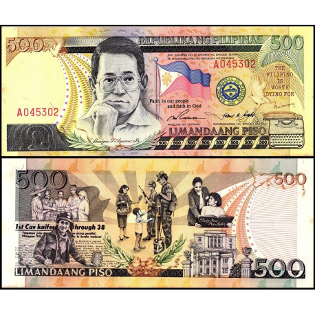 FILIPINAS 500 PISO 1998 AQUINO, BANDERA y PUEBLO FELIZ Pick 185.A BILLETE SC Philippines UNC BANKNOTE
