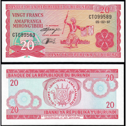 BURUNDI 20 FRANCOS 1997 ABORIGEN BAILANDO Pick 27.D BILLETE SC 20 Francs Amafaranga UNC BANKNOTE