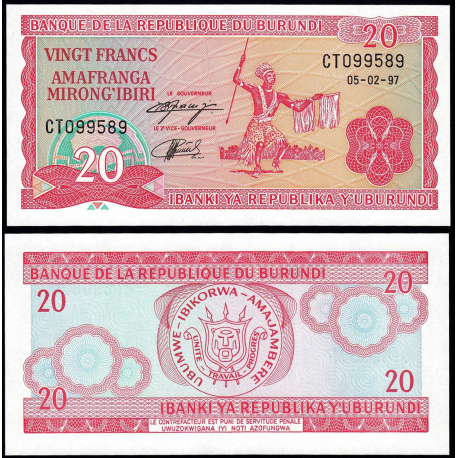 BURUNDI 20 FRANCOS 1997 ABORIGEN BAILANDO Pick 27.D BILLETE SC 20 Francs Amafaranga UNC BANKNOTE