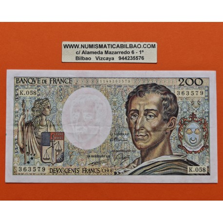 . @PVP NUEVO 200€@ FRANCIA 200 FRANCOS 1988 FILOSOFO MONTESQUIEU y CASTILLO Pick 155.C BILLETE MBC- France 200 Francs