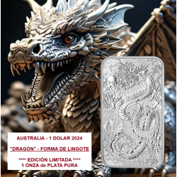 . 1 aaaaacoin @1ª MONEDA LINGOTE con CARLOS III@ AUSTRALIA 1 DOLAR 2024 DRAGON PLATA ONZA OZ CÁPSULA