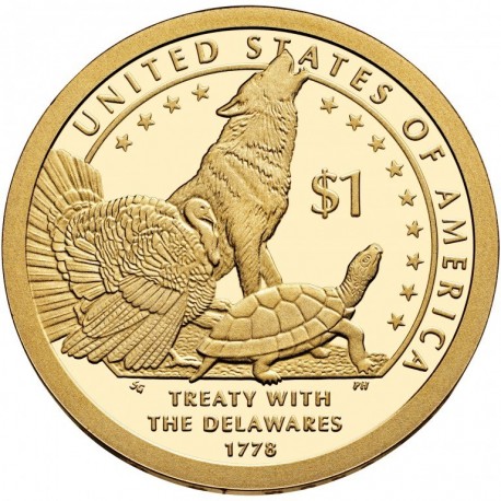 ESTADOS UNIDOS 1 DOLAR 2013 P INDIA SACAGAWEA TRATADO DE DELAWARE LOBO TORTUGA UROGALLO MONEDA DE LATON SC USA $1 Dollar NATIVE