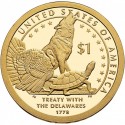 ESTADOS UNIDOS 1 DOLAR 2013 P INDIA SACAGAWEA TRATADO DE DELAWARE LOBO TORTUGA UROGALLO MONEDA DE LATON SC USA $1 Dollar NATIVE