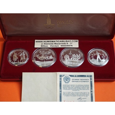 . 4 monedas @ESTUCHE y CERTIFICADO@ RUSIA 5 RUBLOS 1980 + 10 RUBLOS 1980 CCCP OLIMPIADA DE MOSCU PLATA PROOF Russia silver