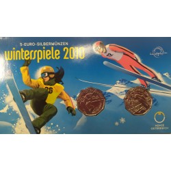2 monedas x AUSTRIA 5 EUROS 2010 SKI + SNOWBOARD PLATA SC BLISTER OFICIAL @COINCARD@ Osterreich