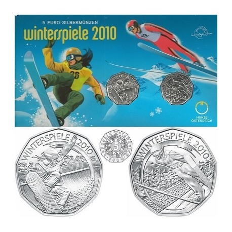 2 monedas x AUSTRIA 5 EUROS 2010 SKI + SNOWBOARD PLATA SC BLISTER OFICIAL @COINCARD@ Osterreich