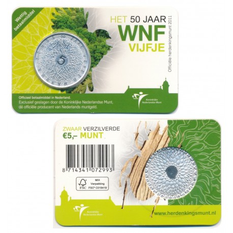 HOLANDA 5 EUROS 2011 WWF 50 ANIVERSARIO FONDO MUNDIAL PARA LA NATURALEZA MONEDA SC PLATA/COBRE The Netherlands coincard