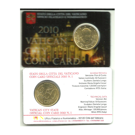 . VATICANO 50 CENTIMOS 2010 PAPA BENEDICTO XVI COINCARD Nº 1 MONEDA DE LATON SC