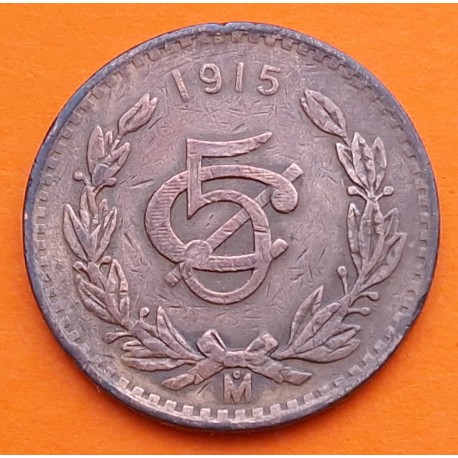 @ESCASA@ MEXICO 5 CENTAVOS 1915 VALOR KM.422 MONEDA DE COBRE MBC Estados Unidos Mexicanos