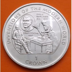 ISLA DE MAN 1 CORONA 1996 GRAMÓFONO - INVENTOS MUNDO MODERNO KM.559 MONEDA DE NICKEL SC- 1 Crown