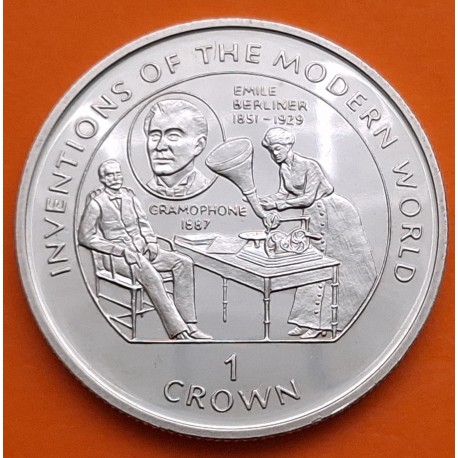 ISLA DE MAN 1 CORONA 1996 GRAMÓFONO - INVENTOS MUNDO MODERNO KM.559 MONEDA DE NICKEL SC- 1 Crown