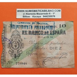 ESPAÑA 10 PESETAS 1936 BANCO DE ESPAÑA GIJON ASTURIAS Sin Serie 279948 BILLETE TIPO TALON @RARO@ GUERRA CIVIL