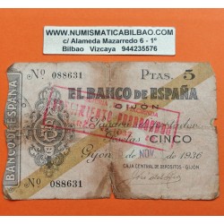 ESPAÑA 5 PESETAS 1936 BANCO DE ESPAÑA GIJON ASTURIAS Sin Serie 563277 BILLETE TIPO TALON @ESCASO@ GUERRA CIVIL
