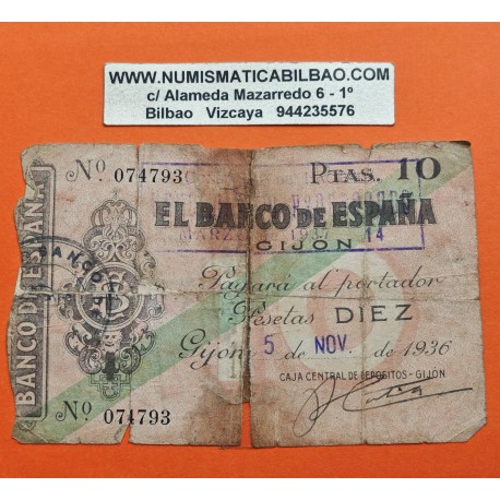 ESPAÑA 10 PESETAS 1936 BANCO DE ESPAÑA GIJON ASTURIAS Sin Serie 074793 BILLETE TIPO TALON @RARO@ GUERRA CIVIL