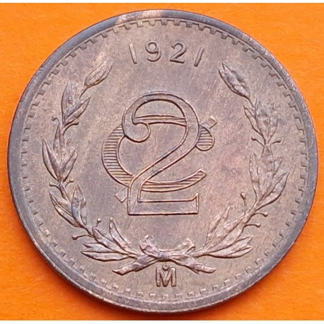 MEXICO 2 CENTAVOS 1921 VALOR y ESCUDO KM.419 MONEDA DE BRONCE MBC++ Estados Unidos Mexicanos