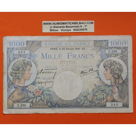 @PVP NUEVO 390€@ FRANCIA 1000 FRANCOS 1940 COMMERCE et INDUSTRIE Pick 96.A BILLETE RARO France 1000 Francs WWII