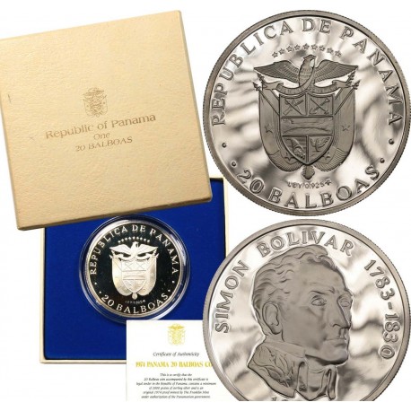 Estuche Oficial x PANAMA 20 BALBOAS 1972 SIMON BOLIVAR KM.31 MONEDA DE PLATA PROOF silver OZ 3,90 ONZAS
