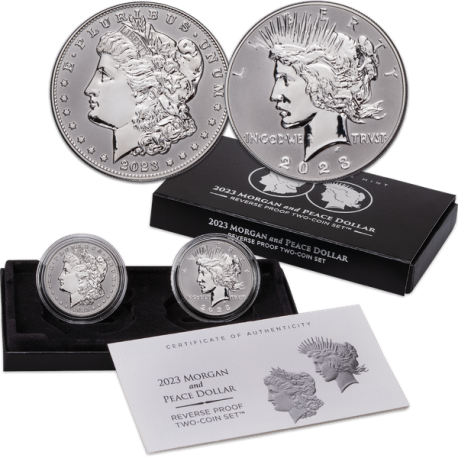 . @REVERSE PROOF TWO-COIN SET@ ESTADOS UNIDOS 1 DOLAR 2023 S MORGAN + 1 DOLAR 2023 Letra S PEACE PLATA Us Mint