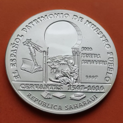 . @RARA@ SAHARA 5000 PESETAS 1997 MIGUEL DE CERVANTES 1 ONZA MONEDA DE PLATA PURA PROOF Saharawi Saharaui