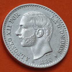. @LUJO@ ESPAÑA Rey ALFONSO XII 50 CENTIMOS 1880 * 8/0 MSM REY y ESCUDO KM.685 MONEDA DE PLATA SC+ Spain R/4