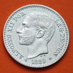 . @LUJO@ ESPAÑA Rey ALFONSO XII 50 CENTIMOS 1880 * 8/0 MSM REY y ESCUDO KM.685 MONEDA DE PLATA SC+ Spain R/4