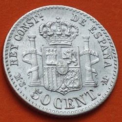 . @LUJO@ ESPAÑA Rey ALFONSO XII 50 CENTIMOS 1880 * 8/0 MSM REY y ESCUDO KM.685 MONEDA DE PLATA SC+ Spain R/4