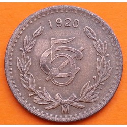 @ESCASA@ MEXICO 5 CENTAVOS 1920 AGUILA y VALOR KM.422 MONEDA DE BRONCE MBC Mejico Estados Unidos Mexicanos