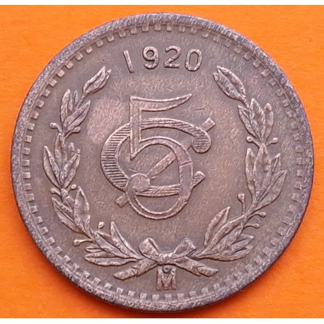 @ESCASA@ MEXICO 5 CENTAVOS 1920 AGUILA y VALOR KM.422 MONEDA DE BRONCE MBC Mejico Estados Unidos Mexicanos