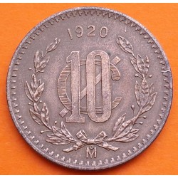 . @RARA@ MEXICO 10 CENTAVOS 1920 AGUILA y SERPIENTE modulo Grande KM.430 MONEDA DE COBRE MBC+ República Mexicana