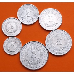 . 6 monedas x ALEMANIA DEMOCRÁTICA 1+5+10+50 PFENING y 1+2 MARCOS 1962 a 1982 ALUMINIO EBC/SC-