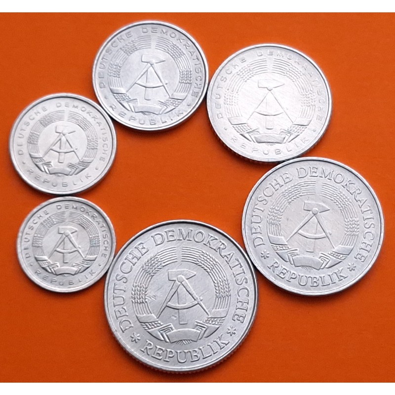. 6 monedas x ALEMANIA DEMOCRÁTICA 1+5+10+50 PFENING y 1+2 MARCOS 1962 a 1982 ALUMINIO EBC/SC-