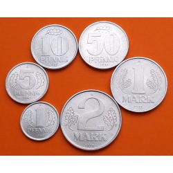 . 6 monedas x ALEMANIA DEMOCRÁTICA 1+5+10+50 PFENING y 1+2 MARCOS 1962 a 1982 ALUMINIO EBC/SC-