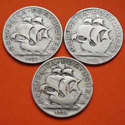 . 3 monedas x PORTUGAL 5 ESCUDOS 1932 + 1933 + 1934 CARABELA KM.581 MONEDA DE PLATA MBC- REPUBLICA PORTUGUESA