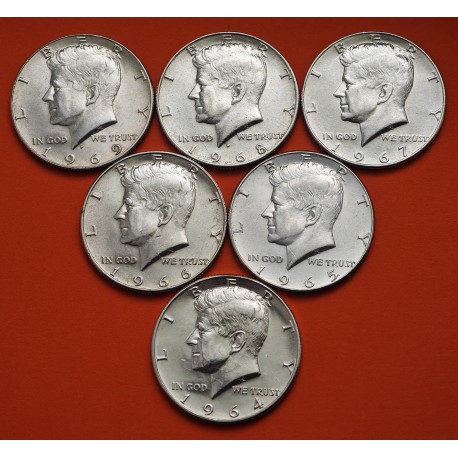 . 6 monedas x ESTADOS UNIDOS 1/2 DOLAR 1964+1965+1966+1967+1968+1969 KENNEDY KM.202A PLATA MBC/EBC- silver Half Dollar USA
