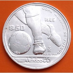 MEXICO 50 PESOS 1985 FIFA MUNDIAL DE FUTBOL 86 DRIBBLING KM.498 MONEDA DE PLATA SC- Mejico Silver 1/2 ONZA OZ Ley 500