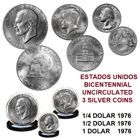 . 3 monedas x ESTADOS UNIDOS 1976 1776 BICENTENNIAL PLATA SC 1/4 + 1/2 + 1 DOLAR 1976 S silver coins