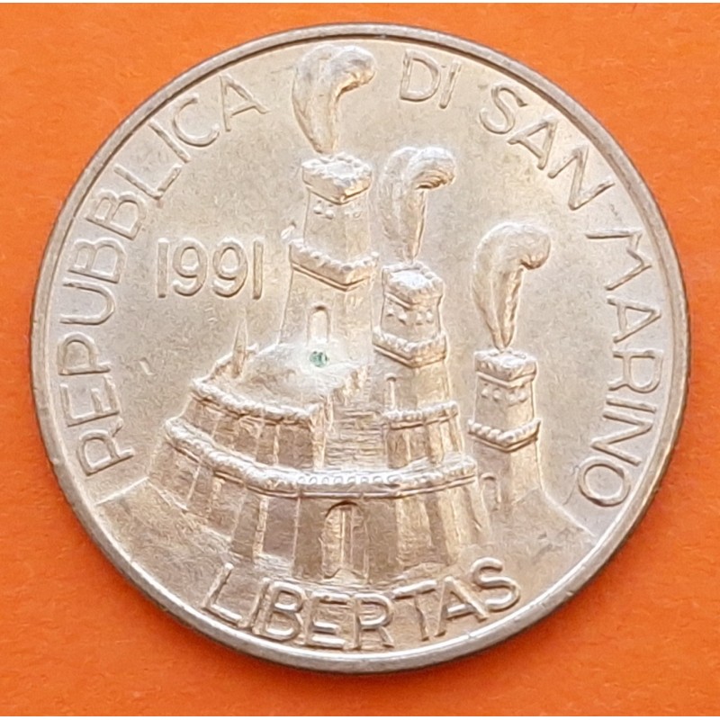SAN MARINO 200 LIRAS 1991 PRIMERA ACUÑACIÓN KM. 268 MONEDA DE LATON EBC + MANCHITA 200 Lire