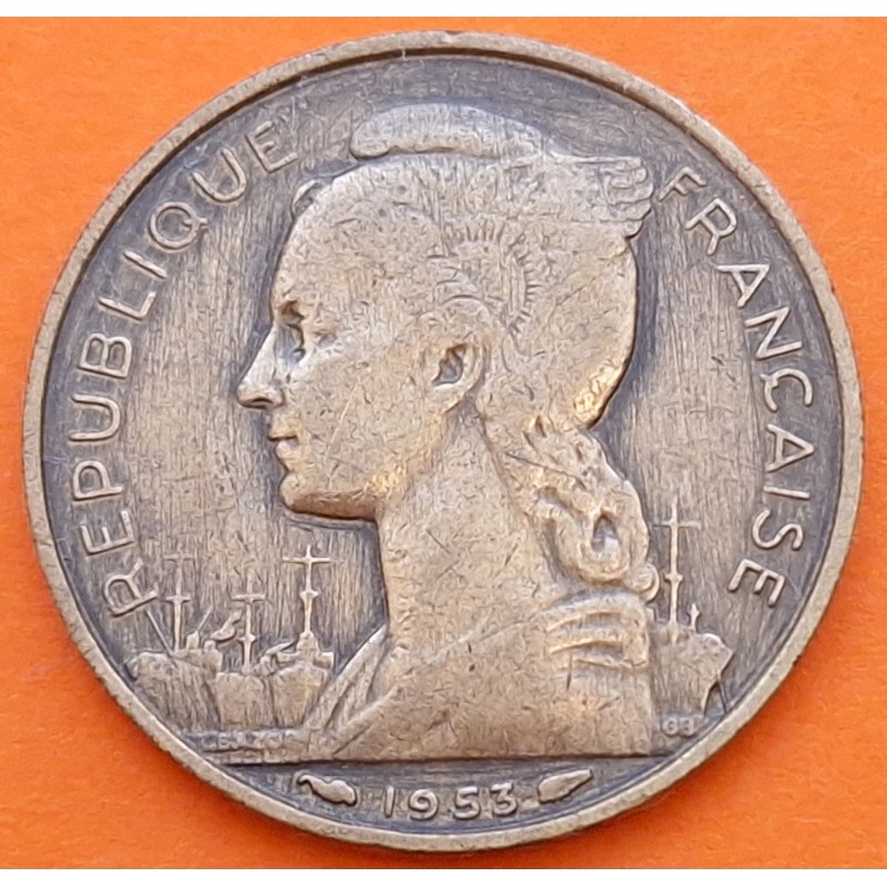 MADAGASCAR 20 FRANCOS 1953 DAMA Colonia de Francia KM.7 MONEDA DE LATON MBC África Republique Francaise