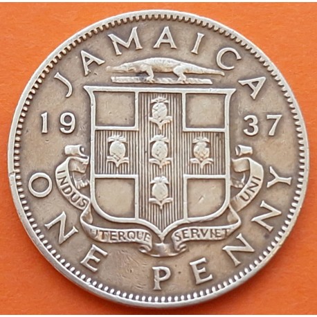 JAMAICA 1 PENIQUE 1937 REY JORGE VI y ESCUDO KM.30 MONEDA DE LATON MBC- Colonia de Inglaterra