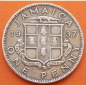 JAMAICA 1 PENIQUE 1937 REY JORGE VI y ESCUDO KM.30 MONEDA DE LATON MBC- Colonia de Inglaterra