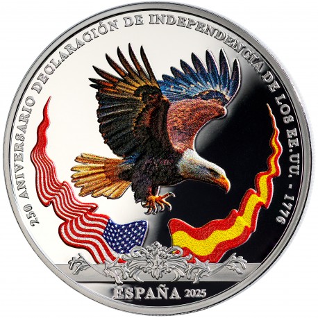 . 1 aaaaaaaacoin @08/OCTUBRE Envío@ ESPAÑA 10 EUROS 2025 BANDERAS y ÁGUILA EN COLORES Revolutionary War MONEDA DE PLATA FNMT