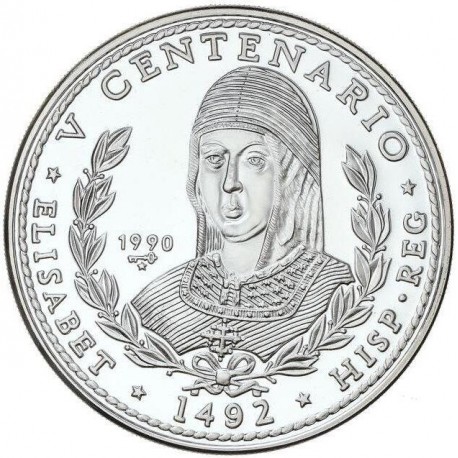 . 5 Onzas x CUBA 50 PESOS 1990 REINA ISABEL LA CATÓLICA - DESCUBRIMIENTO AMERICA KM.296 MONEDA DE PLATA PURA Tirada 2.000