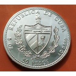 . 5 ONZAS DE PLATA PURA 999 x CUBA 50 PESOS 1990 REINA ISABEL LA CATÓLICA - DESCUBRIMIENTO AMERICA KM.296 Tirada 2.000 monedas