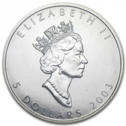 CANADA 5 DOLARES 2003 HOJA DE ARCE MONEDA DE PLATA PURA $5 Dollars Coin 1 ONZA OZ OUNCE MAPLE LEAF cápsula