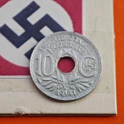 FRANCIA 10 CENTIMOS 1941 Tipo LINDAUER @CMES CON RAYA - 1941 SIN PUNTOS@ KM.896 MONEDA DE ZINC III Reich OCUPACION NAZI